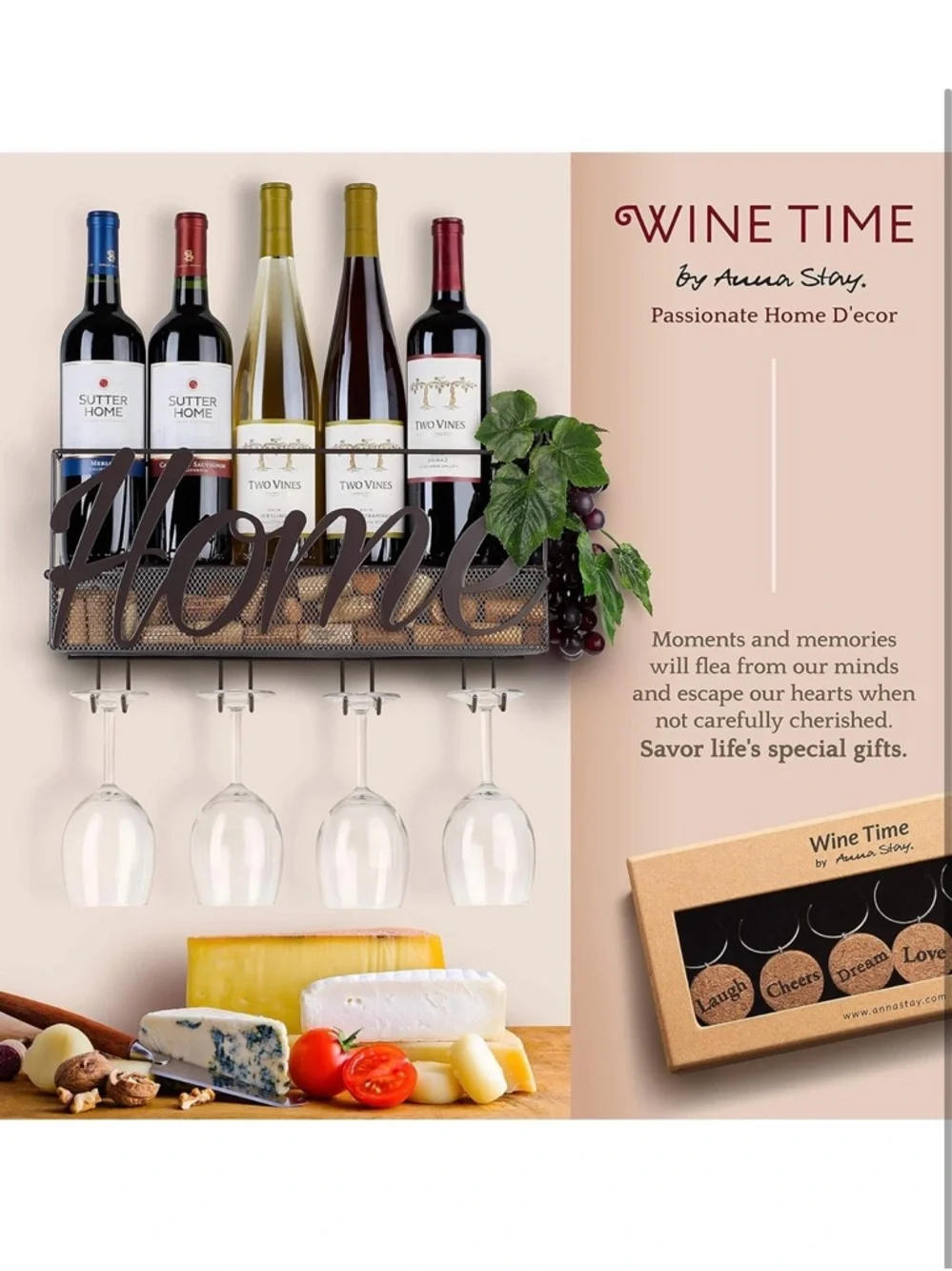 Home Metal Wine Rack with Hanging Glass Holders and Cork Tags - dark brown